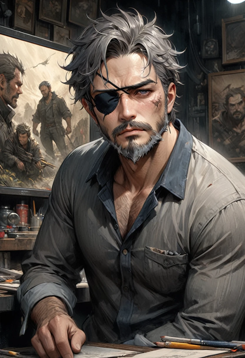 Pencil drawing, beautifully made, " "concept art," "realistic," , "detailed environment: , "high detail", "detailed face", "high-res", "ominous aura,", "8k resolution", "oil painting", "graded colors", "darker tone" , "saturated" ,"professionally colored" , "dark feeling", "concept art" , "detailed features" , "detailed eye", "cold eye", "1man" , "full body", "trailer background", "lean build" , "scruffy short hair" , "scruffy short beard" , "cigarette between lips" , "tattered clothing", "digital art" ,"modern time" ,"Ultra-detailed animation art and visual effects masters perfectly compose intricately detailed digital art" , "Correct and perfect anatomy", "dark tone" , "attractive features" , "stubble on chin" , "handsome" , "eyepatch" , "mature" , "aged man" "blind in one eye" "damaged man"