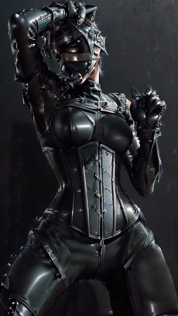 ((Final Fantasy taste reality graphics)), ((young, cute and cool ikemen  boy)),(((1 boy))),,his age is early 20s, thin eyebrows and beady eyes, (((((he is wearing black shiny thin and coverall latex catsuit with front zipped up))))),((catsuit is long sleeve)), (((((put on black shiny and coverall full finger latex glove on both hands))))),(((((catsuit,glove and corsets is very tight-fitting))))),((black color long length race-up leather boots)),((also put on leather corset, with many belts, girth and both wrists)), ((((put on a black neck corset, vertical width is very long length and thick)))), ((cool atmosphere)),((dont show finger)),((boy is must no bare hands)),,((all clothes is smooth taxtrue)),((boy is average height and weight medium build)),,,(((((boy put on black leather and human muzzle mask,all covered from under the nose-to-chin))))),(((((also put on leather blindfold, ))))), (((((mask and blindfold Fixed to the face, with multiple leather belts)))))