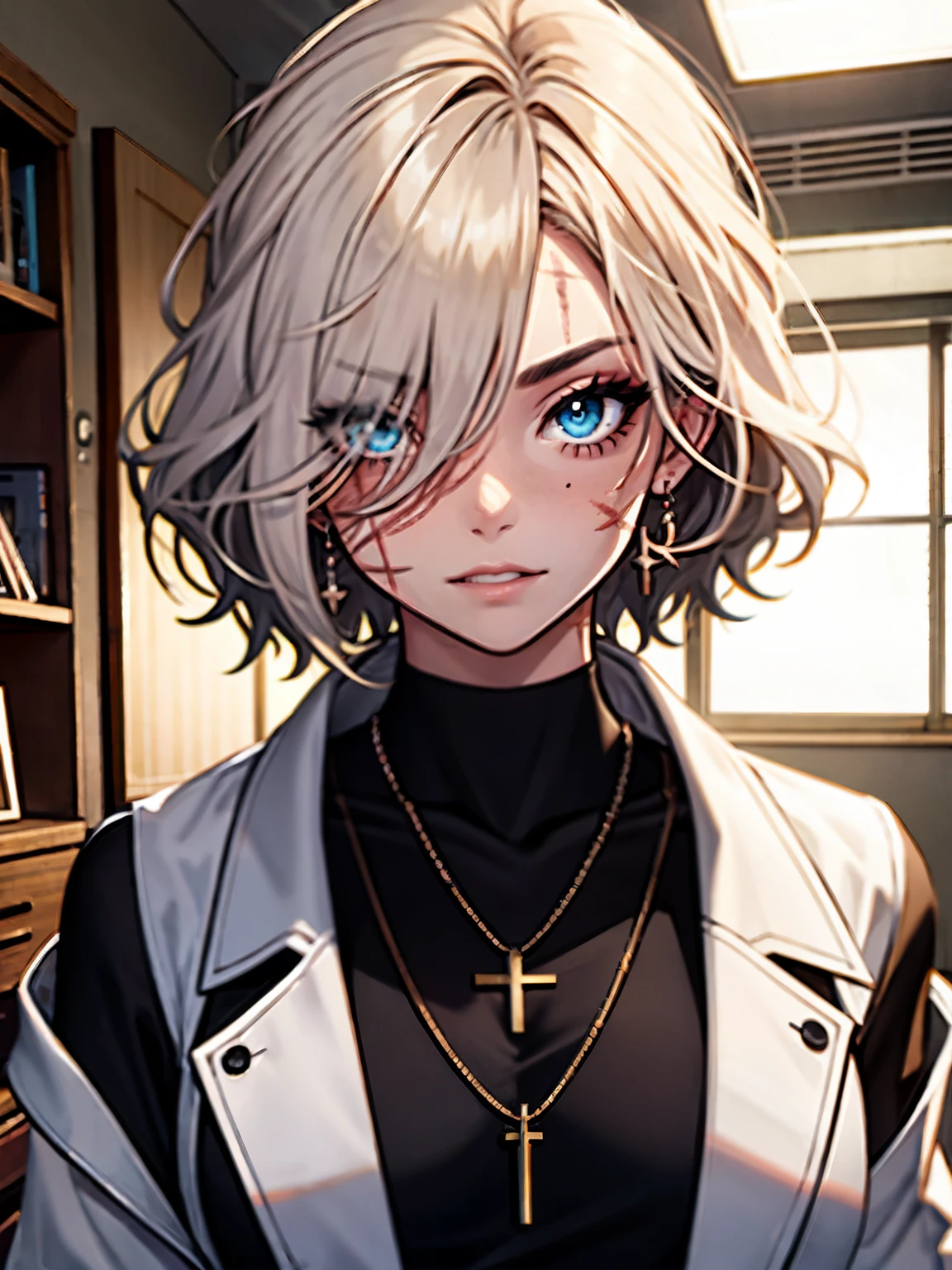 1girl, scarred face, stitches, better_scar, scar, platinum hair, black shirt, white jacket, necklace, bedroom, mascara, eyeliner, blue eyes