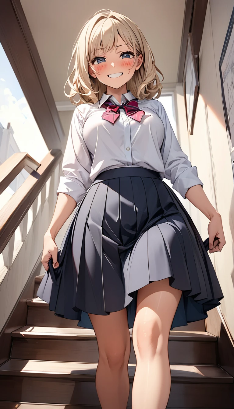 High school girl climbing the stairs, alone, Attractive mature appearance, Turn your back and look at me, (Hold down a mid-length skirt with both hands:1.5, So that underwear is not visible), Detailed and accurate, Blake, a lovely look of disgust., Mischievous Smile, blush, (Low angle shot:1.5), ARW, Cute embarrassment, Visible underwear and invisible underwear,