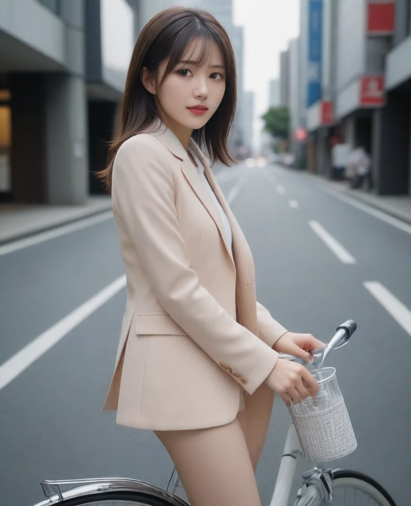 8k, photo realistic, Scores 9, 8, 7, 6, medium closeup, detailed, very sharp, vivid, solo, biking through Tokyo street, jacket, high heel, long legs, beautiful eyes, office suits, basket, (((riding bicycle))), bicycle, short hair, very front view, very low angle:1.5, going fast,  depth of field, beautiful breasts, slender,  the most beautiful woman, double eyelid, beautiful japanese woman, 25 yo, strong wind, slim beautiful legs, sexy pantie stocking, foot on pedal