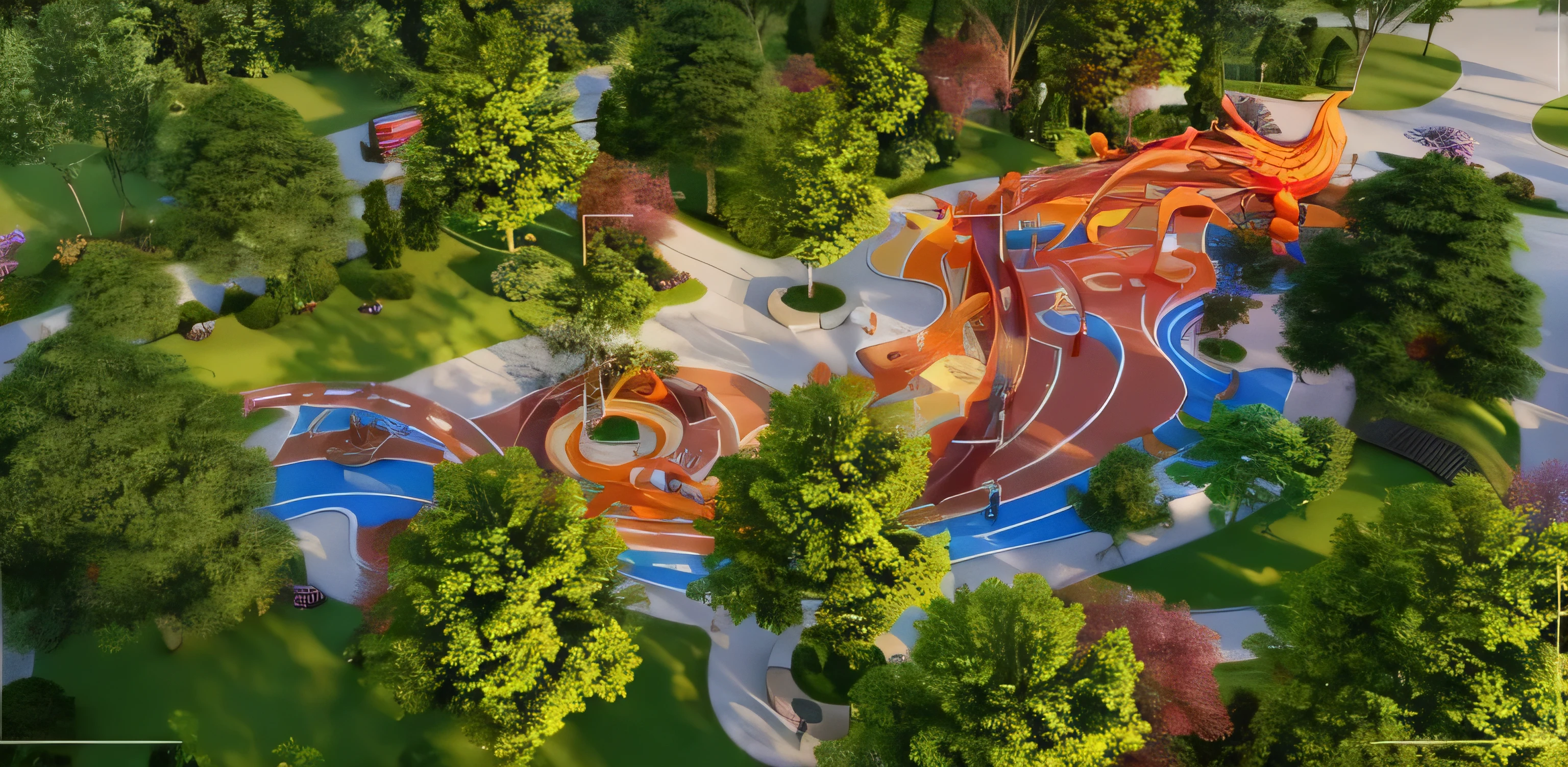an aerial view of garden with a playground and garden, Energetic, Grand design, Artist&#39;s Interpretation, visually pleasing, Artistic Impression, visual impact, Lively, Center of Gravity Subdivision, Stunning details, ( Visually stunning, striking, Surrealism, Surrealism, Rotation, urban playground, garden, In order