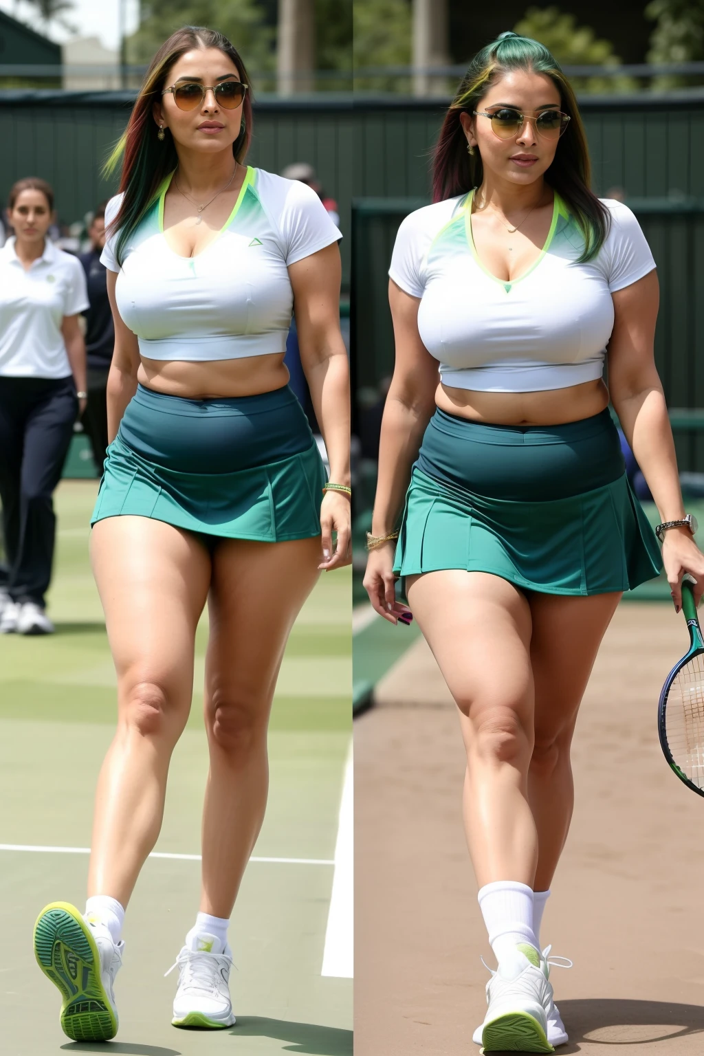 Full body photo of 50YO MATURE MILF AISHWARYA RAI as SEXIEST BIMBO TENNIS STAR, ((COMPLETE BLUE MICRO MINI SKIRT AND T-SHIRT EXPOSING BELLY NAVEL)), ((ponytail GREEN COLOURED hair)), ((WALKING IN WIMBLEDON CENTRE COURT)), day scene, ((curvaceous mature hourglass figure)), ((FLIRTATIOUS SMIRKING look straight at camera)), soft volumetric lights, intricate details, (ArtStation:1.2)