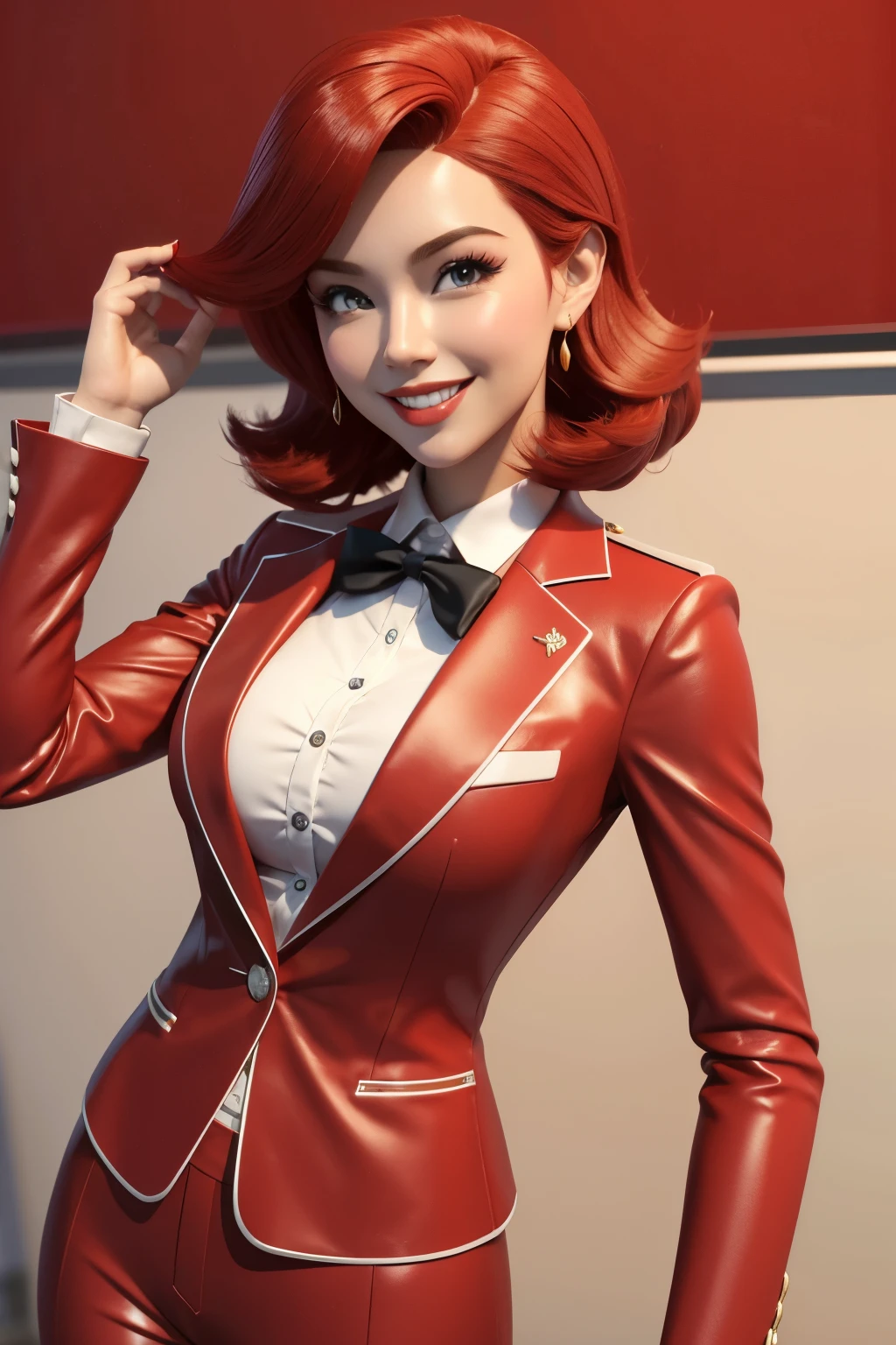 3D Character with Red Suit, smiling, Disney  style, 3D Animation Character Style, Female teacher, confident, attention to the details, perfectly tailored suit, Vivid color palette, immaculate hair, Female teacher,happy expression,intelligent eyes,pose confident,professional qualification,Successful career,enjoying your work,