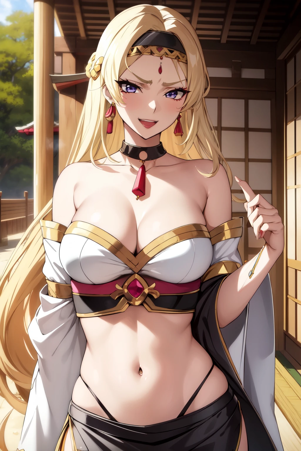 jewelry,midriff,gem,earrings,necklace,
blonde hair,Black_eyes,Very_long_hair,
blush, lipstick, long hair, crazy eyes ,Hot girl, baddie, staring, glaring, bad attitude, mean girl, crazy, smoking, sensual, attractive, masterpiece, best quality, highly detailed, a anime girl in kimono dress ,holding sword, bare
shoulder,open kimono, evil smile, open mouth, crop top , (nsfw) not safe for work, smile, ecchi anime
style, anime girls, ecchi style, ecchi, digital anime art!!, in anime style, official artwork, visual novel cg,
beautiful anime girl, anime style 4 k, kimono pencil skirt, exposed belly, exposed navel,
exposed midriff, exposed lower belly, outdoor, japanese architecture, temple