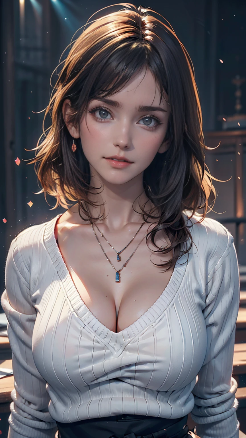 (Highest quality, 8k, 32K, masterpiece, Ultra-high resolution:1.2),Beautiful Japanese Women Photos, Large Breasts, Very short bob hair,Upper Body,(Extra Large_sweater,:1.1) necklace, Simple Background, Look around、Sexy proportions、Erotic female body