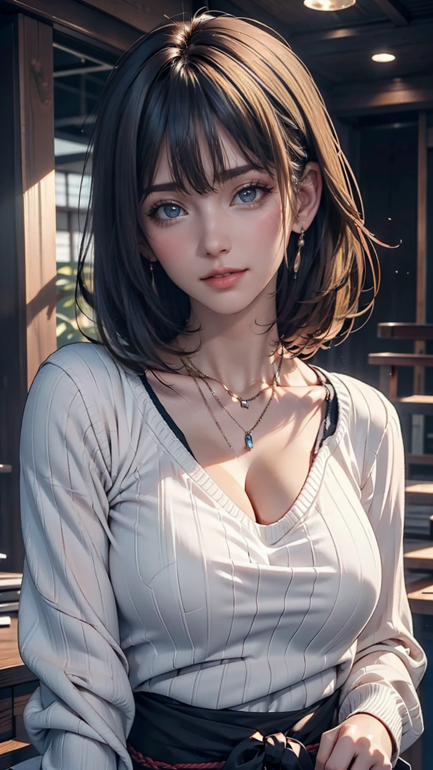 (Highest quality, 8k, 32K, masterpiece, Ultra-high resolution:1.2),Beautiful Japanese Women Photos, Large Breasts, Very short bob hair,Upper Body,(Extra Large_sweater,:1.1) necklace, Simple Background, Look around、Sexy proportions、Erotic female body