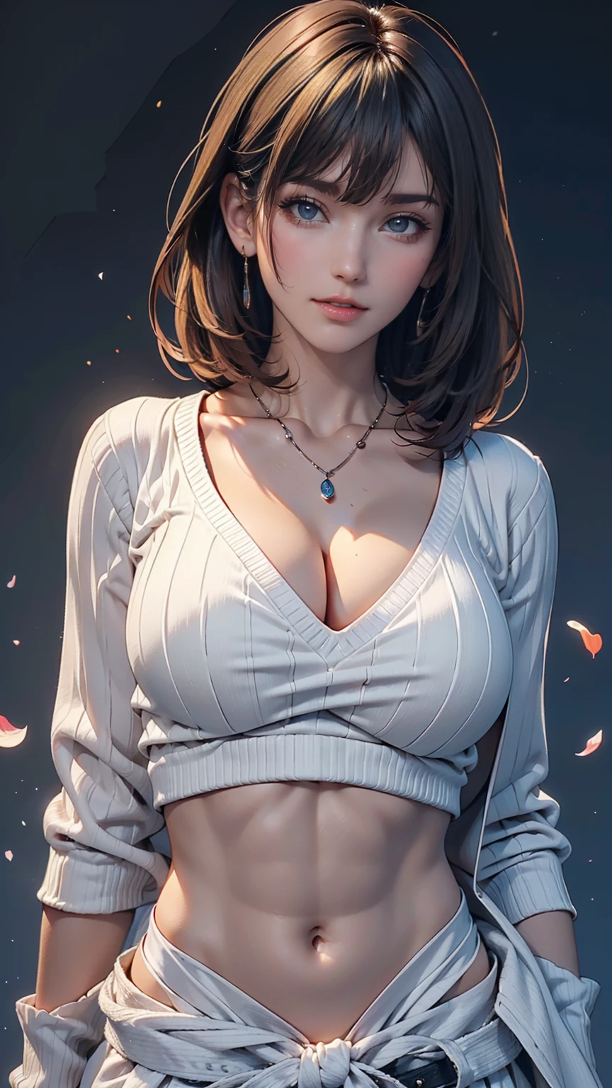 (Highest quality, 8k, 32K, masterpiece, Ultra-high resolution:1.2),Beautiful Japanese Women Photos, Large Breasts, Very short bob hair,Upper Body,(Extra Large_sweater,:1.1) necklace, Simple Background, Look around、Sexy proportions、Erotic female body