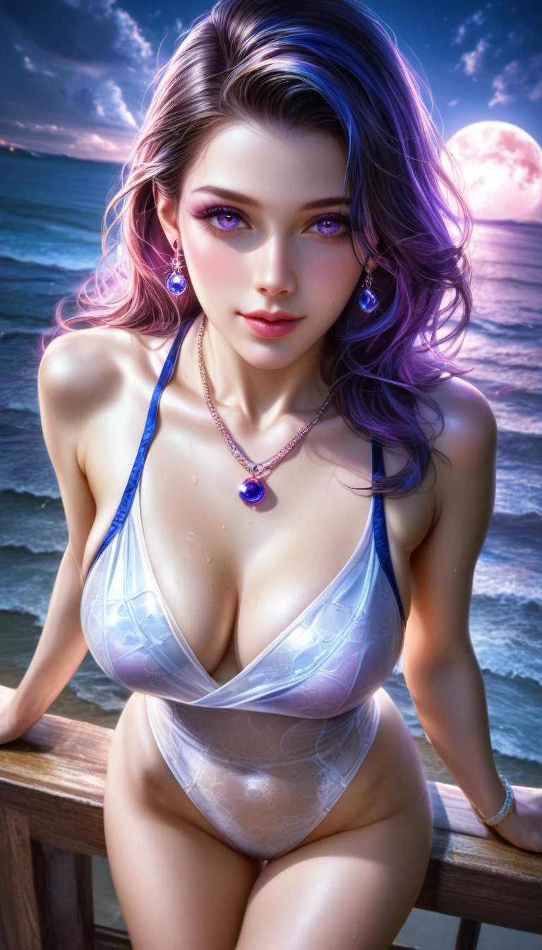 score_9, score_8_superior, score_7_superior, A masterpiece in 32K resolution,Highest quality,it is really amazing,Very detailed,Ultra-high resolution,(Ultra-realistic:1.5),(Realistic:1.5),Increased depth of field,Cinematic lighting,
Elegant adult Japanese woman,
Long black hair,Ultra-detailed and beautiful face,(Gentle expression:1.1),Translucent white skin,(Realistic skin texture:1.1),
(Sexy Swimwear:1.1),
Bold design,Artistic design,Beautiful and detailed pattern,Detailed fabric texture,
Gorgeous necklace,Earrings,
Coastline at night,(Giant Moon:1.1),(Dark clouds floating in the dark night sky:1.1),
High angle,