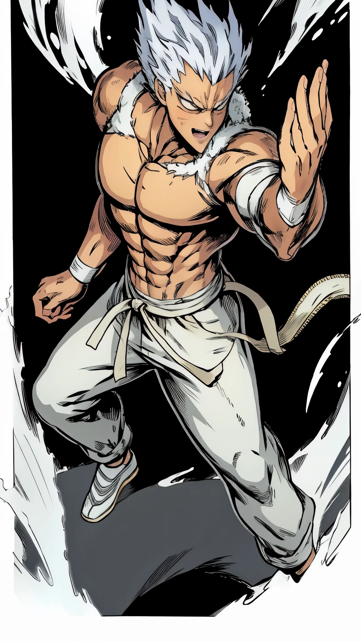 Garou(1), male_character, detailed_face, handsome, no more characters, male character, martial artist body, anatomical proportions, white-gray hair, spiky hair, yellow eyes, rising hair, gray eyebrows, black pants, slip-on shoes, winter forrest, snow scene, perfect anatomy, detailed and dynamic lighting, visual harmony, epic scenery, (anime, comic, videogame:1.37 ),extremely detailed CG unity 4k wallpaper, spectacular lighting, sketch, best quality, amazing quality, very aesthetic.