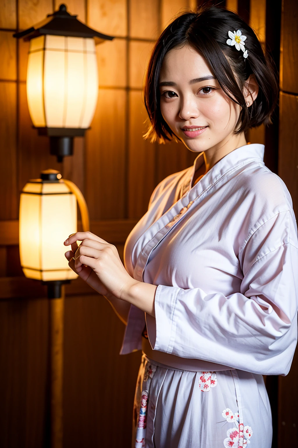 "A beautiful young woman with short hair, wearing an elegant yukata adorned with delicate floral patterns. She stands gracefully under a lantern-lit path at a traditional Japanese festival. The soft glow of the lanterns highlights her serene smile and the intricate details of her yukata, creating a captivating and enchanting atmosphere."