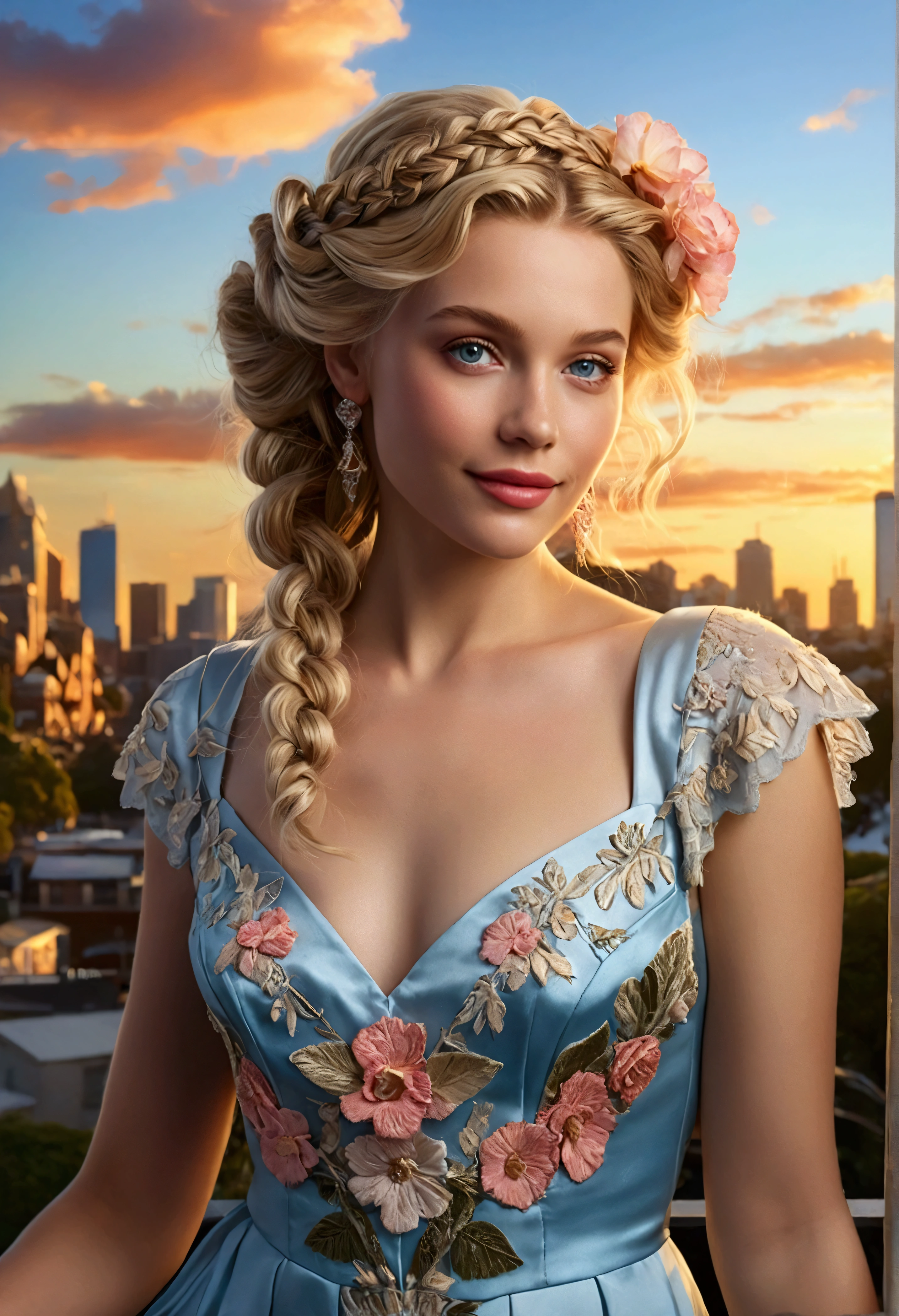 Masterpiece, Hyper realistic, Full body image of a Kinkade-inspired Australian Sydney cityscape at sunset, intricately detailed vintage-braided blonde super beautiful woman with begonias in her hair, pale blue eyes reflecting the sunset cityscape, perfect lips and angel smile, dress with fantasy-narrative embroidery flowing and showing double exposure of oil city scenes, vibrant brushstrokes, through vixsin's artistic lens, digital painting, ultra fine detail, dramatic lighting, UHD, 18K