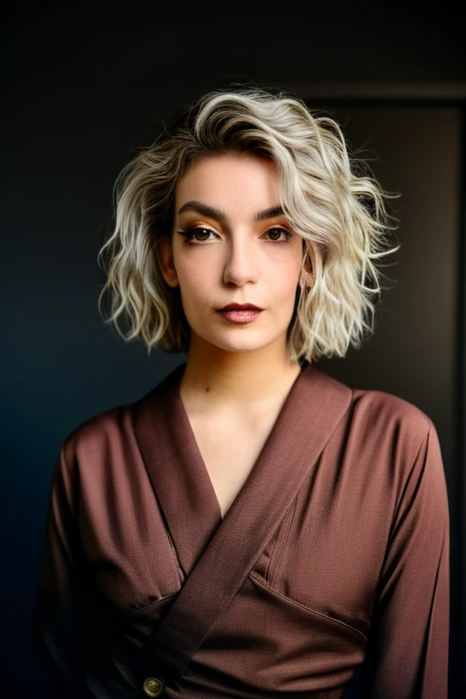 Beautiful young 22 yrs woman, (Mid-range, editorial photograph), [[wide angle photo]], (background inside dark, moody, private study:1.3), full body portrait, by lee jeffries, nikon d850, film stock photograph, 4 kodak portra 400, camera f1.6 lens, rich colors, hyper realistic, lifelike texture, dramatic lighting, cinestill 800. wavy Aline bob hair, Dyed platinum hair, Dark Hazel eyes, Eye contact
