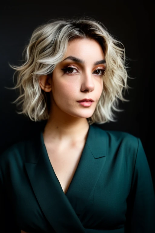 Beautiful young 22 yrs woman, (Mid-range, editorial photograph), [[wide angle photo]], (background inside dark, moody, private study:1.3), full body portrait, by lee jeffries, nikon d850, film stock photograph, 4 kodak portra 400, camera f1.6 lens, rich colors, hyper realistic, lifelike texture, dramatic lighting, cinestill 800. wavy Aline bob hair, Dyed platinum hair, Dark Hazel eyes, Eye contact
