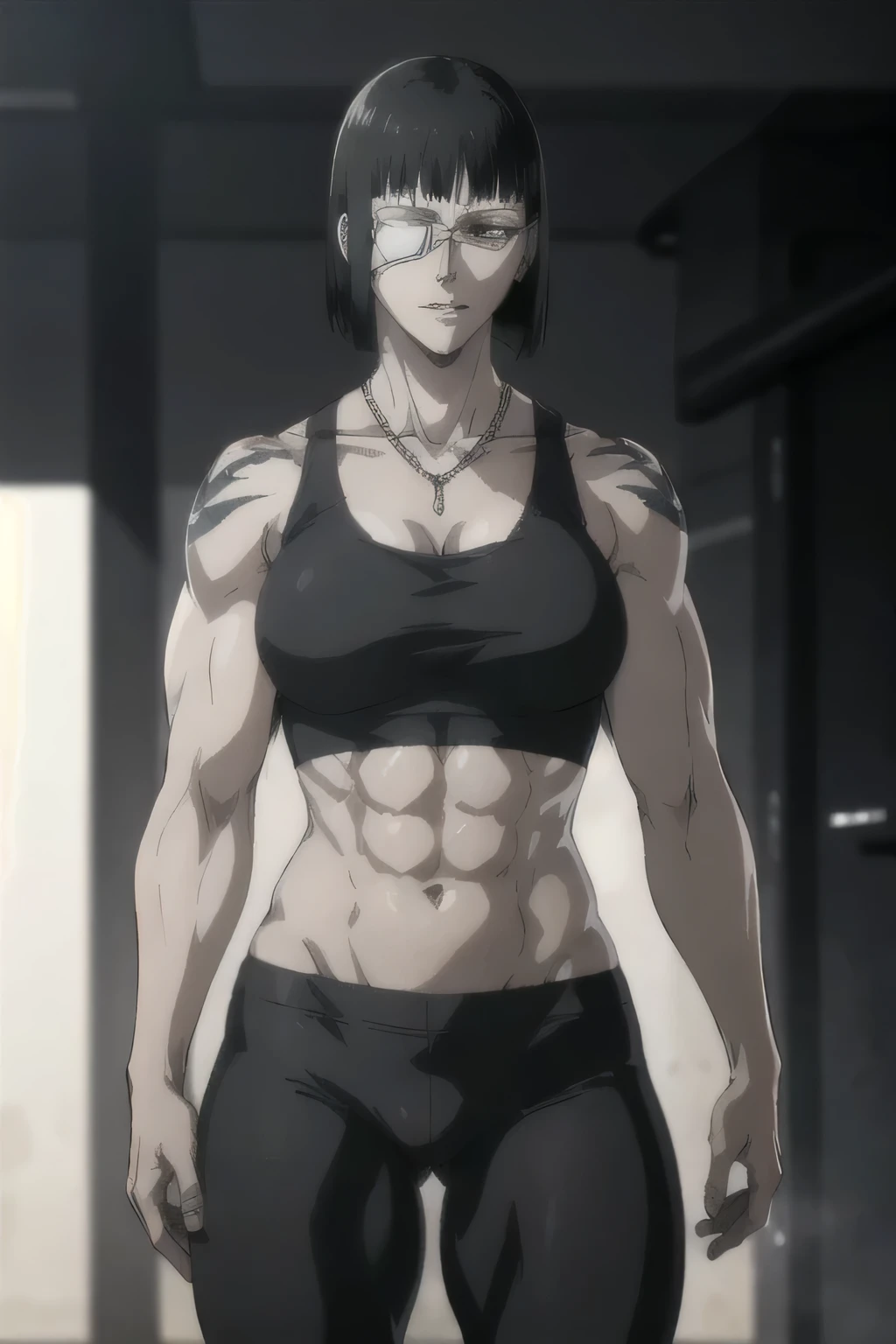 best quality,ultra-detailed,realistic:1.37),musclaur badass girl with sculpted body with preview her musclaur body and six-pack, full review of the female character's face and body, intense expression, strong and confident posture, studio lighting, vivid colors, physiologically-based rendering, grungy texture, rugged background, dust particles in the air, commanding presence, professional, powerful, gritty aesthetics,,Valmet،short hair,necklace,Light reflection on shoulders,clean muscles،wearing black military combat trousers and gray gym tank top,tattoos on shoulders،muscles review( girl solo),eyepatch,Shining muscles,eyes detailing,fat free body,veins in muscles,penis growth inside underwear,Matching remix,fighting pose,raise fists