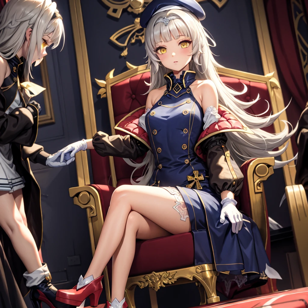 Z46, 1girl, solo, long hair, silver hair, bangs, hair ornament, iron cross, yellow eyes, mole under eye, mole, beret, blue headwear, bare shoulders, (white gloves), blue dress, puffy sleeves, detached sleeves, sleeveless dress, open clothes, brown jacket, sleeveless, ribbon, red footwear, expressionless, sitting, throne,  