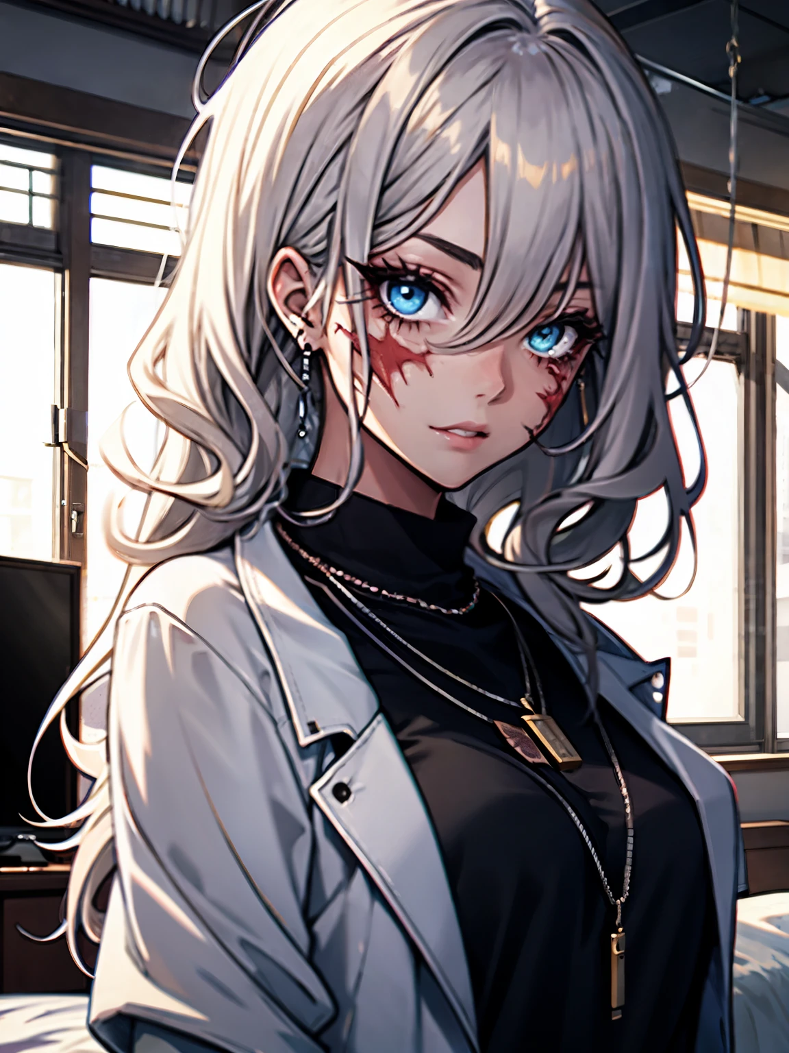 1girl, scarred face, stitches, better_scar, scar, silver hair, black shirt, white jacket, necklace, bedroom, mascara, eyeliner, blue eyes