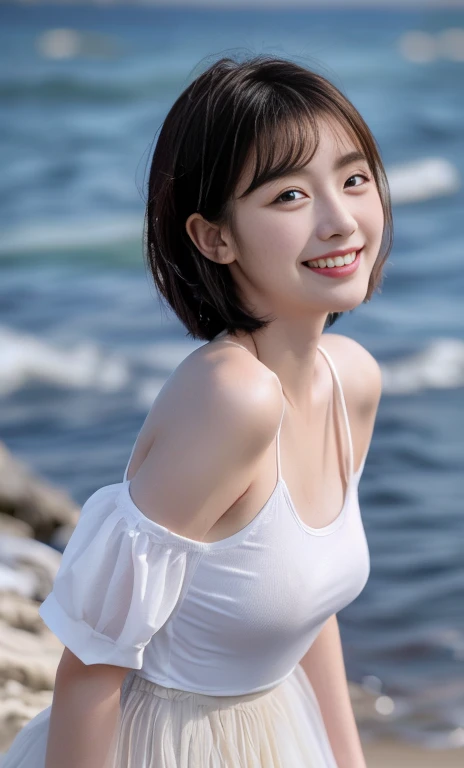 8K, (超realistic: 1.35), (realistic: 1.4), one personの美しい日本人の女の子, smile, one person, light makeup, masterpiece, 超High resolution, High resolution, one person, Sexy white underwear、 puberty, one personの少女, ((perfect body)), ((best image quality)), ((time)), ((very delicate and beautiful)), ((Very shallow depth of field)), nffsw, ((incredibly shallow depth of field. Familiar)), (((very delicate and beautiful))), (((Very shallow depth of field))), nffsw, (((incredibly absurd))), (((perfect body))), (((look at the camera)))), (((normal size breasts))), (((serious face))), (((Hair can be long or short))), myself+background, dynamic angle, female focus, {particles of light}、 詳細なbackground、((paul hedley))、soft lighting、(dramatic)sunset、sunset、とても美しいsunset、live action、genuine、top angle、かわいいsmile、(backgroundぼかし)、18-year-old、thin、((Wind))、((movement))、((emotion))、((colorful))、((baby face))、((beautiful teeth))、backgroundは海、(((A very small Mt. Fuji can be seen in the distance across the sea.)))