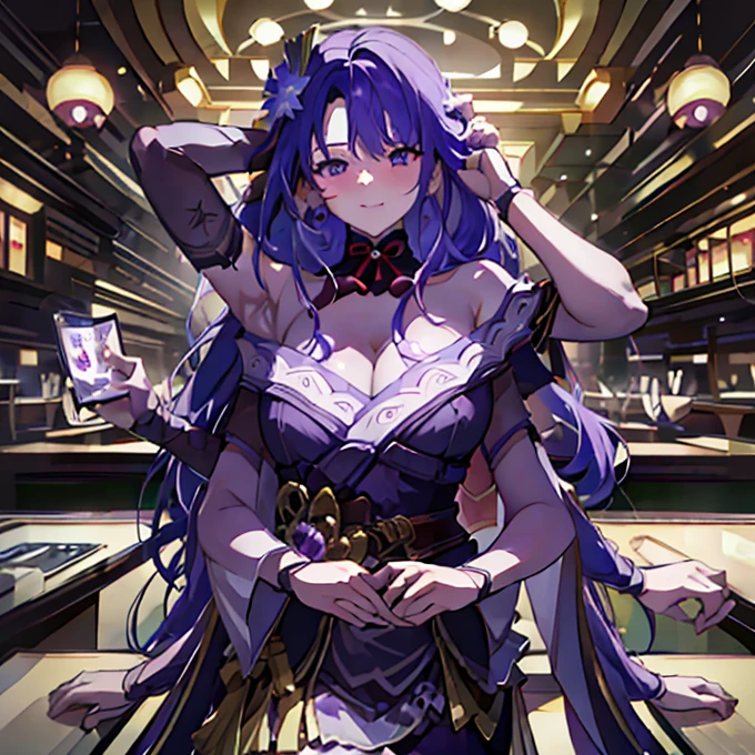 [[[[[[[[Kazu, is 109]]]]]]]], (Masterpiece, best quality), best resolution, (3 heads:1.5), 1 girl, Raiden Shogun Character, purple hair, purple eyes, long_hair, purple_hair, smooth, purple_eyes, chest, hair_decorations, big_chest, \braid, rift, hair_flower, Blush, a lot_long_hair,  Masterpiece, illustration, beautiful, 4K, 8ก,DSLR Photos, (8ก, 4K, Masterpiece),(Masterpiece, best quality), best resolution, (3 heads:1.5),Arms separated,arm circle, (Put your hands on your head...), (lower hand on ankle), (lower hand on leg), Full content in the frame, full body view, (four arms),(Multi-arm),(many hands), รูปร่างเพรียวบาง Masterpiece,best quality,best resolution,1 woman,many heads, upper body, smile,  Facing the audience,chestbig,พื้นหลังที่smoothง่าย,หน้าbeautiful,hairbeautiful,eyesbeautiful,ร่างกายที่beautifulงาม,มือbeautiful,conjoined twins