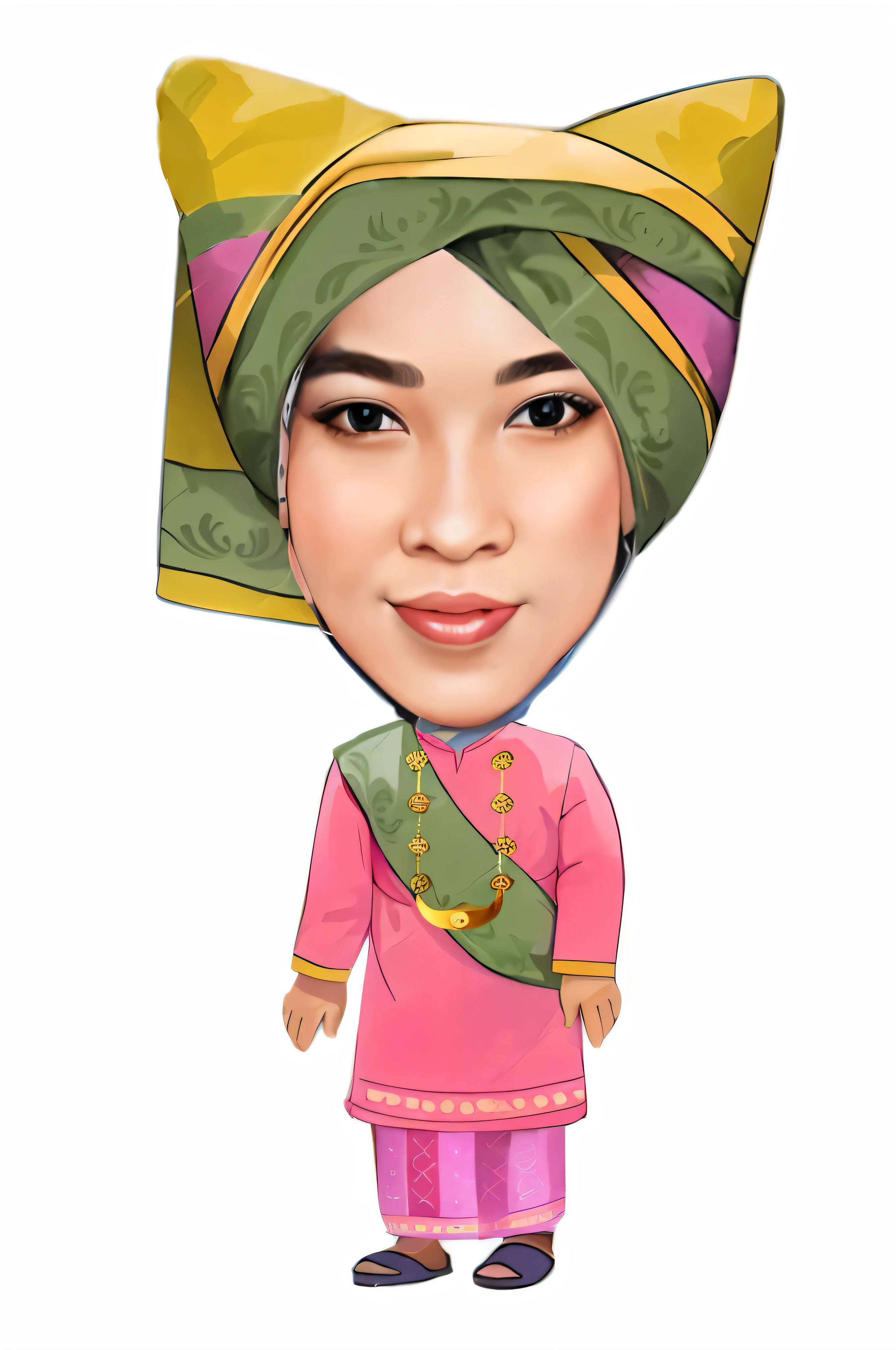 a cartoon of a woman wearing a turban and a green hat, caricature illustration, in cartoon style, cartoon artstyle, cartoon portrait, malaysian, chibi, inspired by Nil Gleyen, potrait, inspired by Basuki Abdullah, digital art cartoon, caricature style, inspired by Mym Tuma, charicature, south east asian with round face