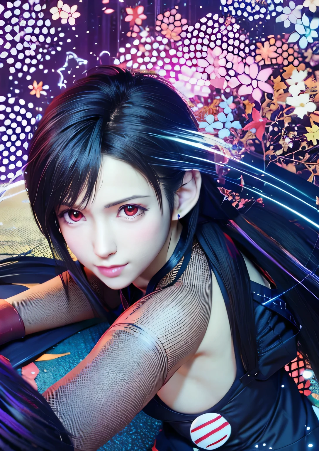 FF7,Tifa,Lie down on the bar counter,Looking at this,((View your viewers)),From above,Purple Lingerie,Black Hair,((Long Hair:1.7)),Tie it under your hair,Beautiful image quality 32K,Sleep on your back,Spread your legs,Transparent underwear,Red Eyes,Big Breasts,誘うような目でLooking at this,