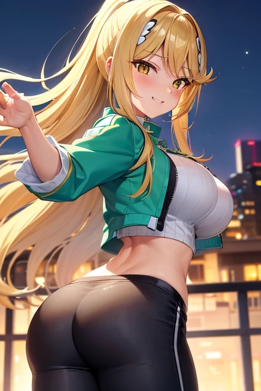 Mythra Hikari, Adult,  Long blonde hair, jewel on the chestBlue Short Open Zip Jacket, Dark T-shirt, Dark Skinny Pants, City Landscape, Posing Provocatively From the Back Looking Towards the Slap, Provocative Smile,