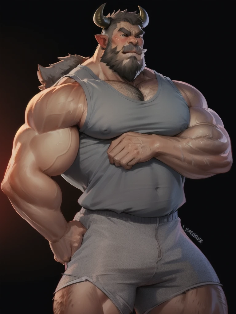 4k, high resolution, best quality, perfect colors, perfect shadows, posted on e621, (close up, portrait, upper body shot), furry body, solo, anthro brown bull, (monotone brown fur, anatomically correct bovine tail:1.3), male, (middle-aged, mature:1.2), (curved bovine horns), (short full grey beard:1.6), grey hair, (massive strongman, heavily muscular, beefy, veiny, buff, manly, masculine:1.4), correct anatomy, (photorealistic fur, detailed fur, epic, masterpiece:1.2), (by Taran Fiddler, by Chunie, by Rukis, Bonifasko lighting), detailed bull eyes,, (blue sports tank-top:1.3), (red shorts:1.4), ((arms crossed)), best posture, smile, spotlights, (bulge:0.5), smoky room backdrop