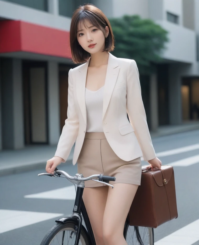 8k, photo realistic, Scores 9, 8, 7, 6, medium closeup, detailed, very sharp, vivid, solo, biking through Tokyo street, high heel, long legs, beautiful eyes, office suits, luggage basket, (((riding bicycle))), bicycle, short hair, very front view, very low angle:1.5, going fast,  depth of field, beautiful breasts, slender,  the most beautiful woman, double eyelid, beautiful japanese woman, 25 yo, strong wind, slim beautiful legs, sexy pantie stocking, foot on pedal