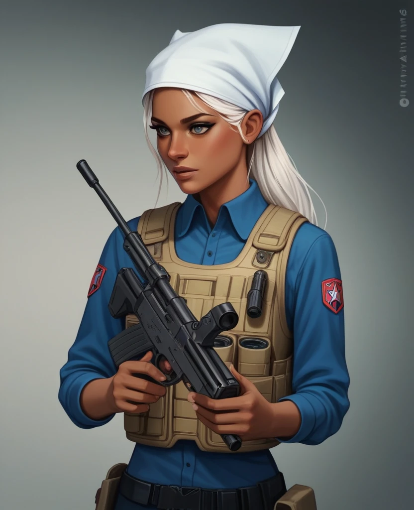 ((best quality)), ((masterpiece)), (detailed), 1girl, mixed race girl, African American + Caucasian girl with lighter skin, young woman, pretty, skinny, white hair, modern attire, modest, head scarf, long hair, hair tied in the back, bullet proof vest, tactical gear, civillian in kevlar vest, black swat kevlar, princess, long sleeve, stealth gear, splinter cell, informal, 