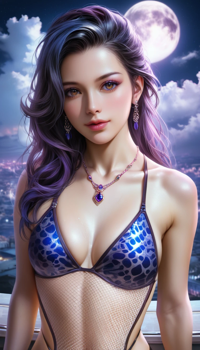 score_9, score_8_superior, score_7_superior, A masterpiece in 32K resolution,Highest quality,it is really amazing,Very detailed,Ultra-high resolution,(Ultra-realistic:1.5),(Realistic:1.5),Increased depth of field,Cinematic lighting,
Elegant adult Japanese woman,
Long black hair,Ultra-detailed and beautiful face,(Gentle expression:1.1),Translucent white skin,(Realistic skin texture:1.1),
(Sexy Swimwear:1.1),
Bold design,Artistic design,Beautiful and detailed pattern,Detailed fabric texture,
Gorgeous necklace,Earrings,
Coastline at night,(Giant Moon:1.1),(Dark clouds floating in the dark night sky:1.1),
High angle,
