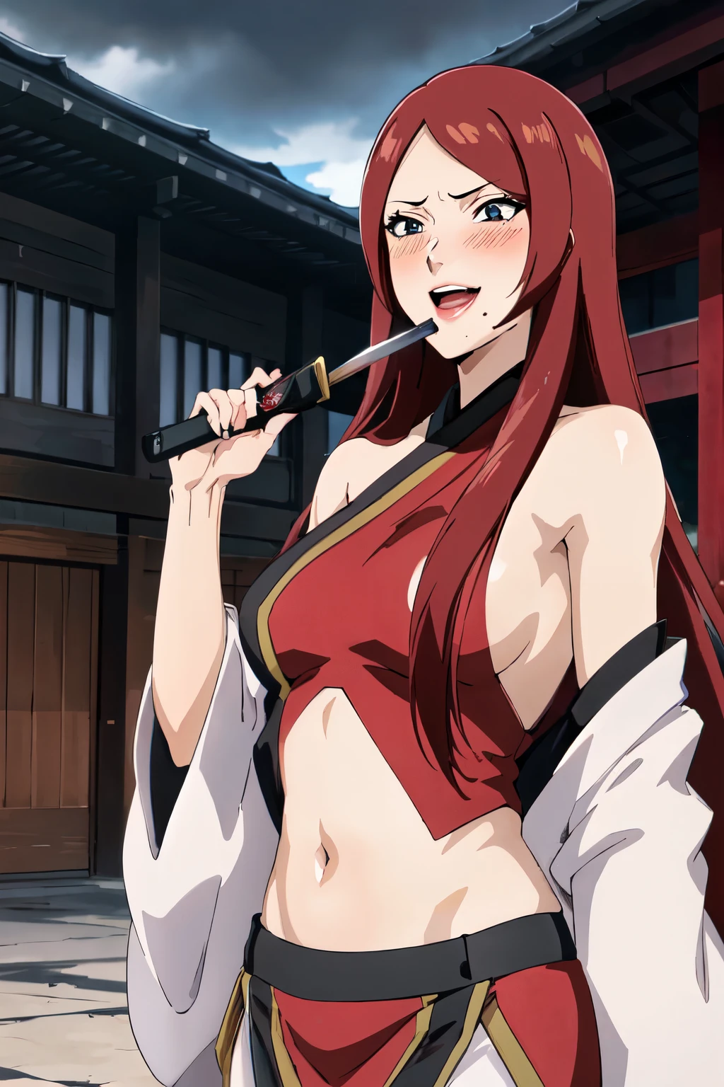 Fuka, 1girl, solo, blush, lipstick, long hair, crazy eyes ,Hot girl, baddie, staring, glaring, bad attitude, mean girl, crazy, smoking, sensual, attractive, masterpiece, best quality, highly detailed, a anime girl in kimono dress ,holding sword, bare
shoulder,open kimono, evil smile, open mouth, crop top , smile, ecchi anime
style, anime girls, ecchi style, ecchi, digital anime art!!, in anime style, official artwork, visual novel cg,
beautiful anime girl, anime style 4 k, kimono pencil skirt, exposed belly, exposed navel,
exposed midriff, exposed lower belly, outdoor, japanese architecture, temple