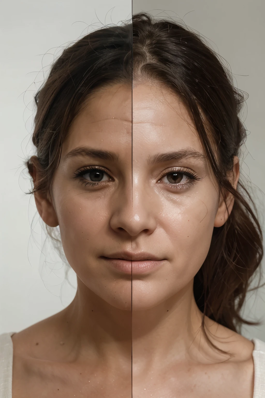 image of the face of a beautiful 40-year-old girl divided in half longitudinally, on the left side you can see the deteriorated face with marked expression lines and wrinkles and the right side of the same face looks young and with fresh skin without marks, background undefined with white light, realistic style, highly detailed, dramatic lighting