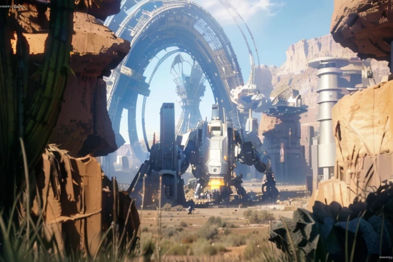masterpiece, best quality, (extremely detailed CG unity 8k wallpaper), (best quality), (best illustration), (best shadow), absurdres, realistic lighting, (Abyss), beautiful detailed glow, art by PeterMohrBacher, sci fi environment, futuristic, robots, mecha, city in the middle of desert, grass in the foreground, a small robot hiding in the grass, level design environment