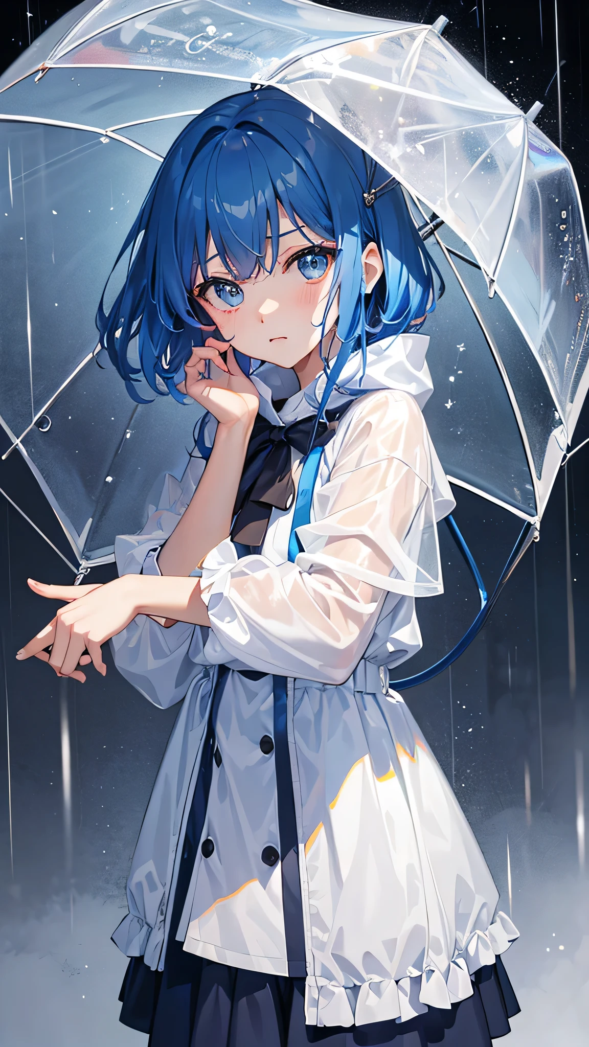 high resolution、high quality、Straight face、woman、outside、rain、豪rain、Get wet服、looking at the camera、Blue Hair、Short Hair、One person、Get wet、Raincoat、Top view、Angry