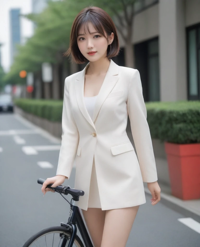 8k, photo realistic, Scores 9, 8, 7, 6, medium closeup, detailed, very sharp, vivid, solo, biking through Tokyo street, high heel, long legs, beautiful eyes, office suits, cycle basket, (((riding bicycle))), bicycle, short hair, very front view, very low angle:1.5, going fast,  depth of field, beautiful breasts, slender,  the most beautiful woman, double eyelid, beautiful japanese woman, 25 yo, strong wind, slim beautiful legs, sexy pantie stocking, foot on pedal