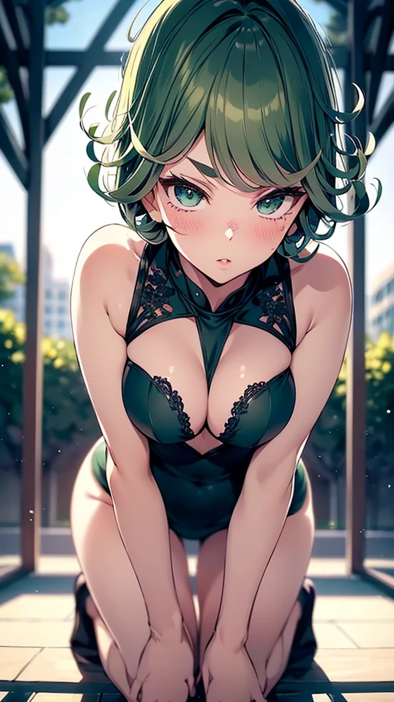 (pixel perfect, Perfect detail), Alone, 1 girl, Very detailed, absirdres, masterpiece, illustration, CG game, Tatsumaki, blush, beautiful detailed eyes, green eyes, animator, diaphragm, (neckline), bright lips, lips parted, School Ground, Session, (Bended knees:1.2), short green hair