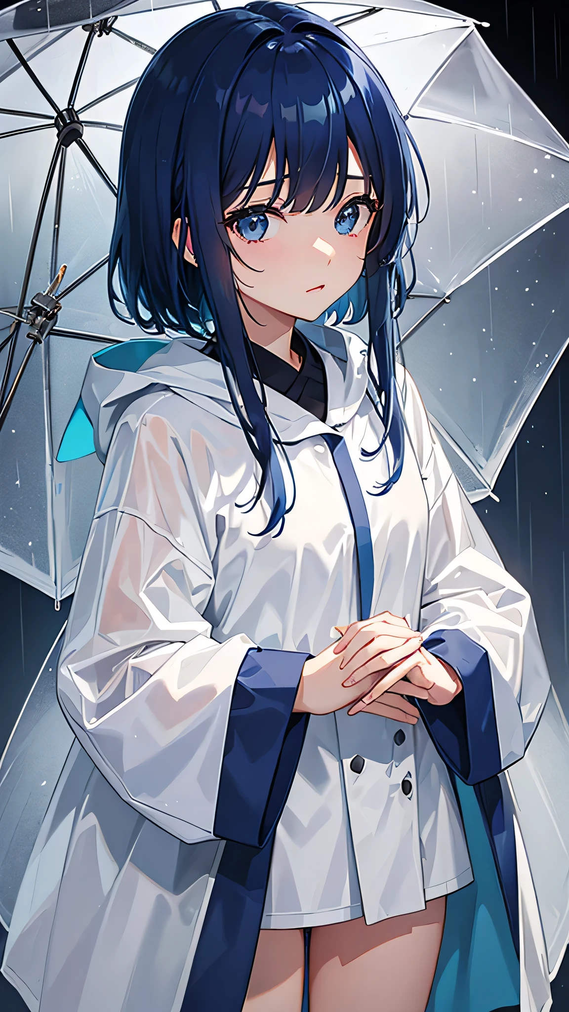high resolution、high quality、Straight face、woman、outside、rain、豪rain、Get wet服、looking at the camera、Blue Hair、Short Hair、One person、Get wet、Raincoat、From above