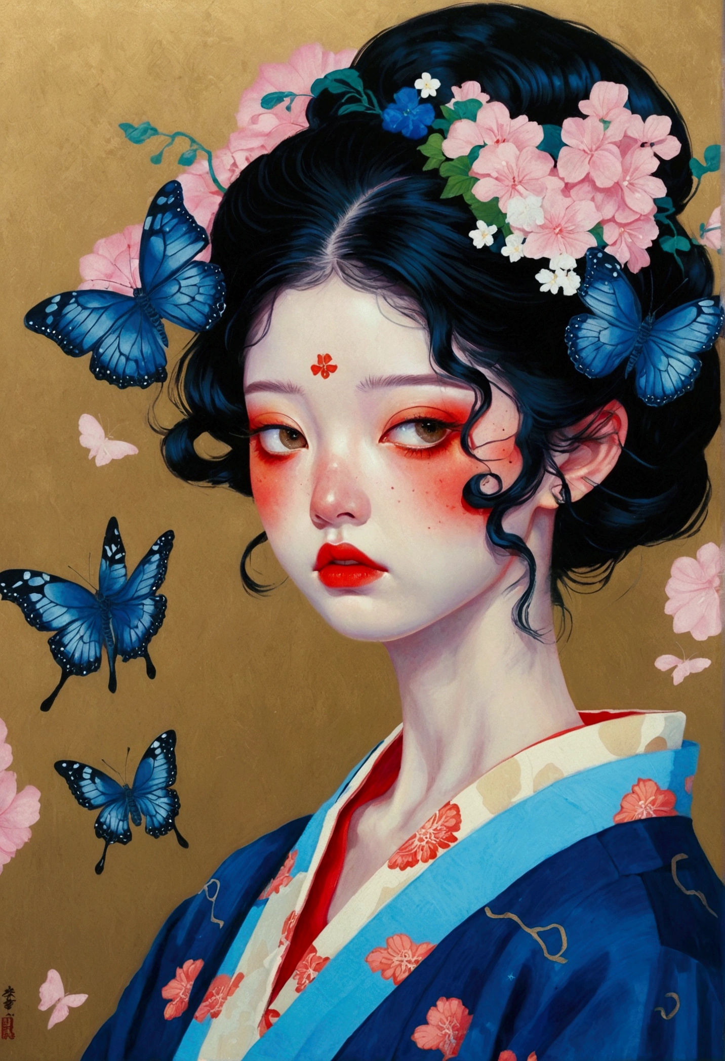 The painting shows a woman wearing a Japanese kimono，There are butterflies and eyes on the head, James Jean (James Jean) Inspired by the extremely detailed, Popular on artstation, Pop surrealism, james jean 和 wlop, japanese Pop surrealism, Loish |, James Jean Andre Ryabovich, yanjun chengt, Beeple 和 Jeremiah Ketner, Juster Battle