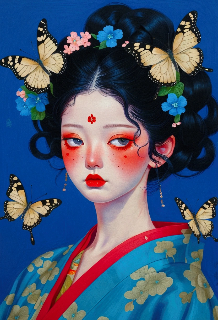 The painting shows a woman wearing a Japanese kimono,There are butterflies and eyes on the head, James Jean (James Jean) Inspired by the extremely detailed, Popular on artstation, Pop surrealism, james jean 和 wlop, japanese Pop surrealism, Loish |, James Jean Andre Ryabovich, yanjun chengt, Beeple 和 Jeremiah Ketner, Juster Battle