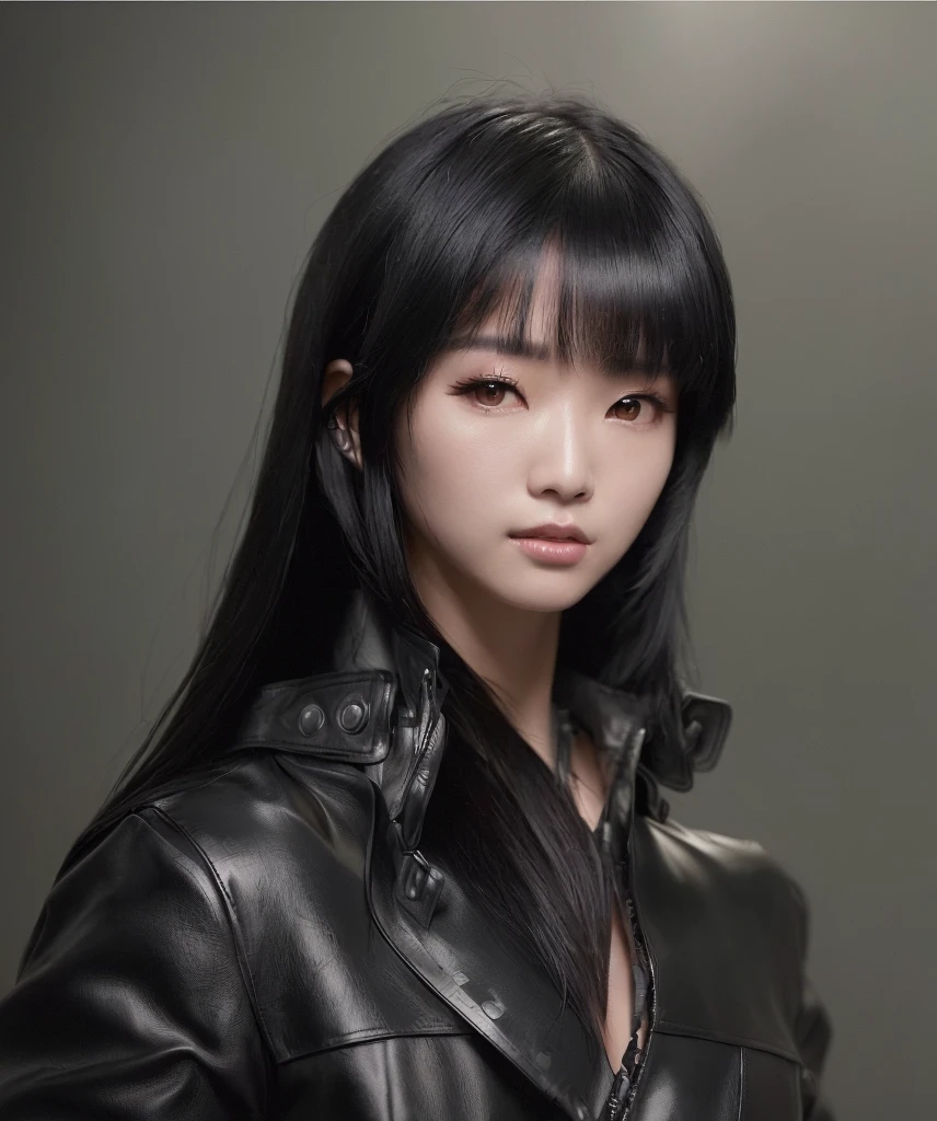 Alaf Asian woman in leather jacket poses for photo, She has black hair with bangs, seductive Tifa Lockhart portrait, Cyberpunk girl with jet black hair, Tifa Lockhart portrait, Super villain IU Lee Ji-eun, Ishida Sui with black hair, portrait of Tifa Lockhart, Tifa Lockhart, Inspired by Ma Yuanyu, Anime Girl Cosplay