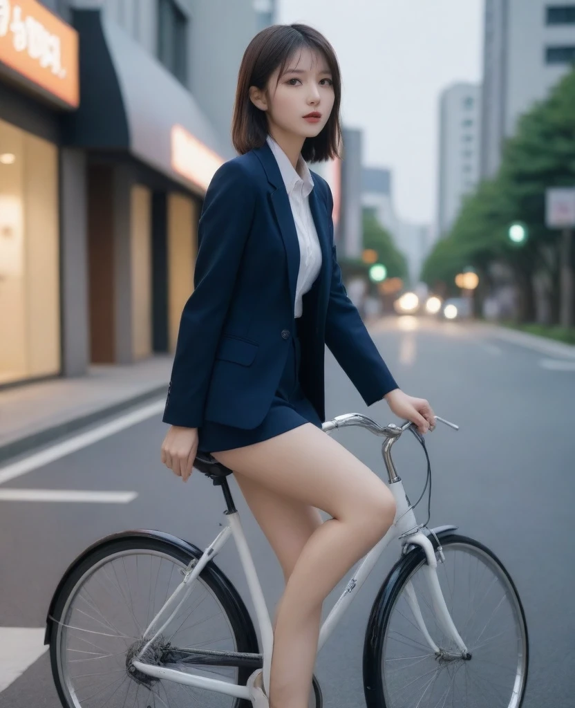 8k, photo realistic, Scores 9, 8, 7, 6, medium closeup, detailed, very sharp, vivid, solo, biking through Tokyo street, high heel, long legs, beautiful eyes, office suits, cycle basket, (((riding bicycle:1.5))), bicycle, short hair, very front view, very low angle:1.5, going fast,  depth of field, beautiful breasts, slender,  the most beautiful woman, double eyelid, beautiful japanese woman, 25 yo, strong wind, slim beautiful legs, sexy pantie stocking, foot on pedal