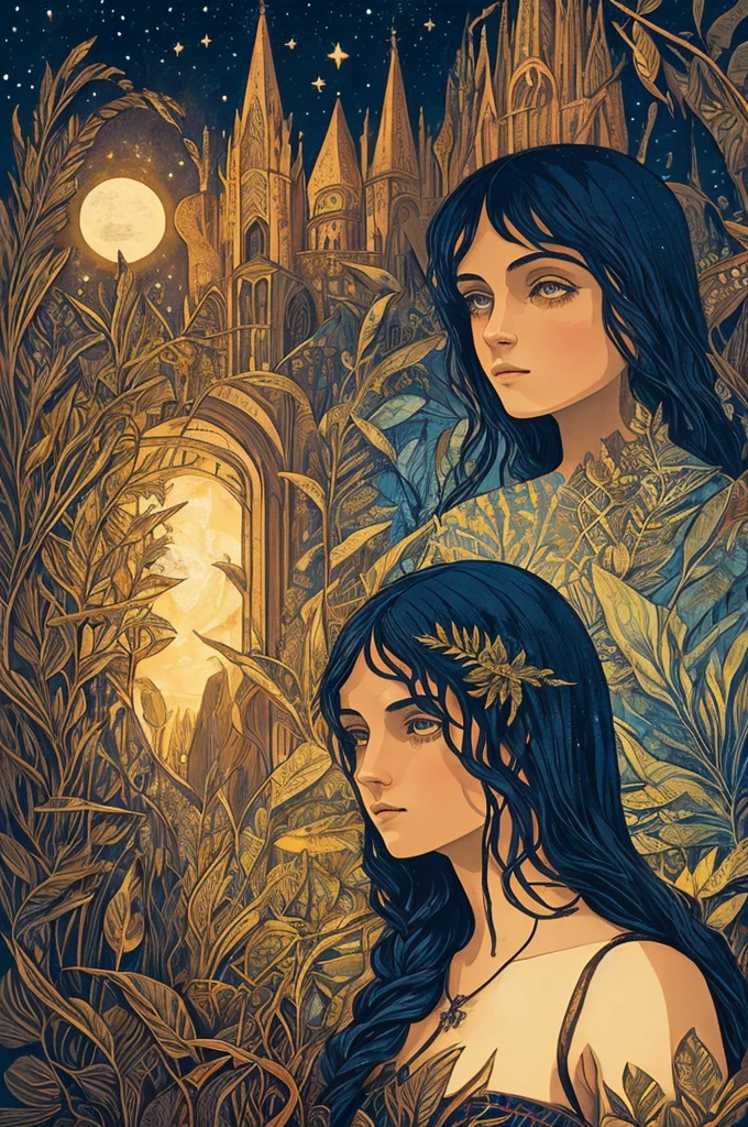 Embracing Botanical nostalgia Fresh yet warm Tina Modotti Nordic Gothic wilderness regal composition combining animalistic somewhat hostile gazes different looking women composition three women at a distance with landscape half-female/half-creature (not standard beauty) hidden but present under foliage dignity anarcha-feminism generational wisdom half-submerged under waterr shadow-play and depth fine-art woodcut and various techniques starry night warm but eerie fable childrensstory for grown-ups embracing background of systems of patriarchal government throught the ages as a theater set-up nostalgic surrealism devil present but obscure film-poster true detective style.