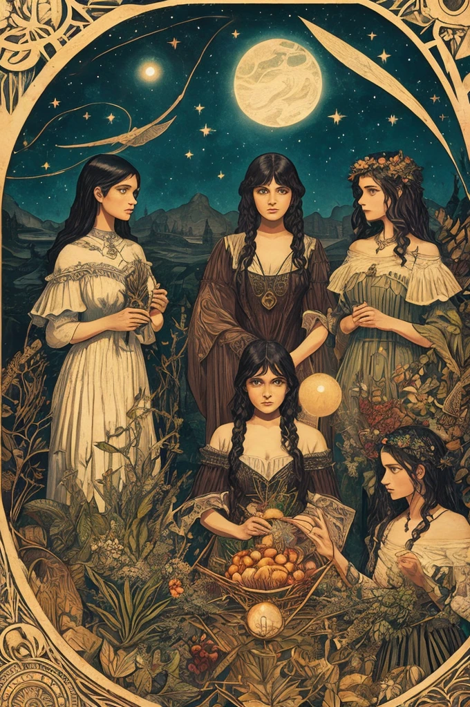 Embracing Botanical nostalgia Fresh yet warm Tina Modotti Nordic Gothic wilderness regal composition combining animalistic somewhat hostile gazes different looking women composition three women at a distance with landscape half-female/half-creature (not standard beauty) hidden but present under foliage dignity anarcha-feminism generational wisdom half-submerged under waterr shadow-play and depth fine-art woodcut and various techniques starry night warm but eerie fable childrensstory for grown-ups embracing background of systems of patriarchal government throught the ages as a theater set-up nostalgic surrealism devil present but obscure film-poster true detective style.