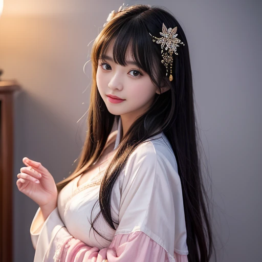 best quality, Delicate face,beautiful visual work, lifelike, eternity, black hair, Long curly hair, blunt bangs, Smile, Detailed Background, Delicate face,pink blush,cold,((masterpiece))、(top quality)、8k、high detail、Super detailed,21 years old female,身穿唐制Hanfu、waist skirt, Clothes are light and fluffy,Hanfu, wide sleeves, Tunic, Clothes made of chiffon, Seductive and whimsical style、masterpiece、born、Scenes resembling fairy tale illustrations、intricate details和複雜的設計、Beautifully、magic、capricious、 Beautifully、Dream aesthetics、「𝓡𝓸𝓶𝓪𝓷𝓽𝓲𝓬、ethereal、charming、fickle、magic」、realism、Visual effects、FXAA、SSAO、Shader、voiceless、ambient lighting、Tone mapping、High resolution、Ultra high quality、Million pixels、(8K resolution:1.10)、8k、8k以下、8K resolution、high detail、intricate details, (high quality:1.2、masterpiece:1.2、:1.21)、(21 years old female:1.21)、(興奮地Smile)、(Surrounded by a dreamy atmosphere、Model diagram,full-body shot,Normal 2 feet,Cross your hands and hide them in your sleeves,You can clearly see that her breasts are very big inside the clothes, Big ,Chest G cup