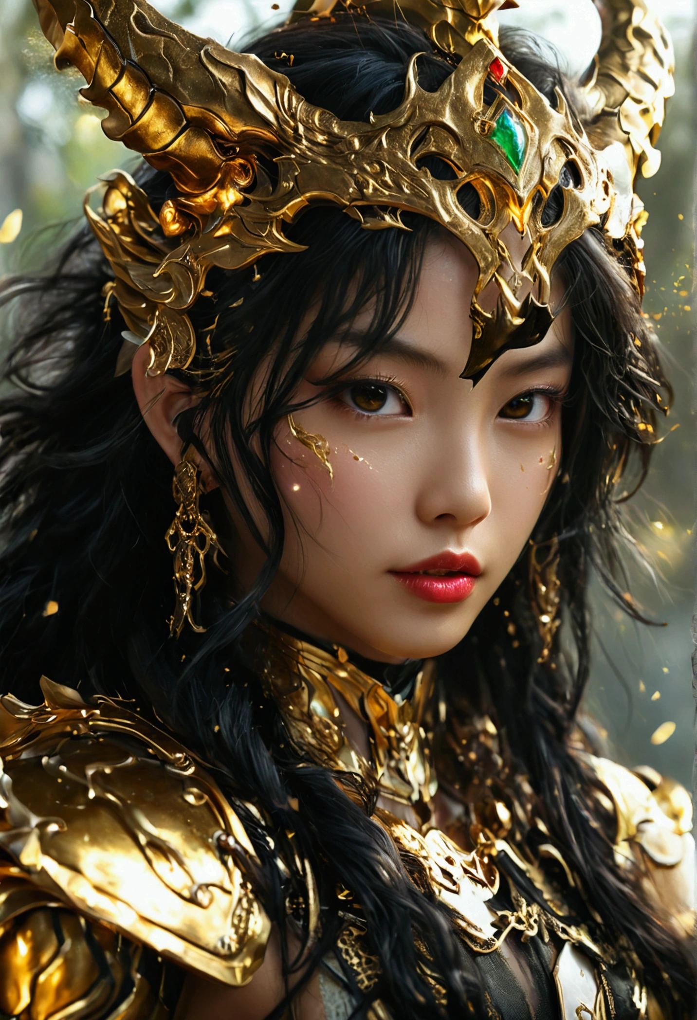 Gold Saint,A beautiful Asian sexy cute female warrior,flowing long black hair,big eyes、High nose bridge、one person、Dynamic Angle、Head high、170 height、a smile,Slender and beautiful female hands,Wearing a gorgeous crown with an exquisite goat shape,Goat Gold Armor,The fighting intensified,Gold Warframe,Gorgeous decoration,sharp,Strong body,Clear lines,Mysterious runes,There are unique lights around。A professional masterpiece、Top quality、Photo-realistic ,Ultra-high resolution、(Photorealistic:1.4)、RAW photos、Navel、Perfect body proportions,Wide-angle lens、full-body shot,Face Makeup Surprise、Glossy lipstick、explode、Fierce battles、Mysterious Expression、Light Particles、Battle Dragon、Castle Background、Gungar forest background、Mysterious Expression、Lighting Effects、Fierce battles、Wind Effect、Magic Circle、Tostock