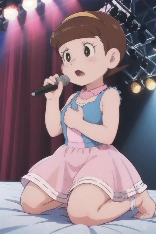 a beautiful idol girl hoshinosumire singing on stage, 1980s retro art style, 1990s style, detailed facial features, long eyelashes, detailed dress, cute expression, audience watching, best quality, 4K, 8k, highres, masterpiece, ultra-detailed, realistic, photorealistic, vivid colors, studio lighting, sharp focus, physically-based rendering, Full body images, Singing without a microphone,5 heads and a good figure, Make your breasts a little bigger,More sexually pleasurable expressions,Kneeling on the bed,Shirtless and exposing breasts