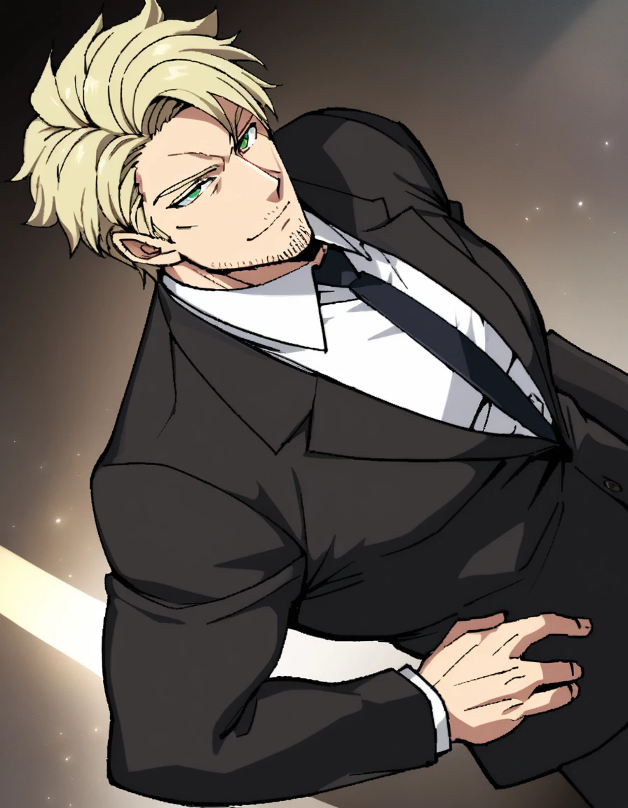 1man, veteran spy agent, handsome mature, business hair with asymmetrical bangs, narrow stubble, green platina blond hair, emerald eyes, 45yo, charming caucasian, ordinary uncle, pentagon shaped head, BREAK ideal ratio body proportions, middle weight muscular, beautiful detailed eyes, dark iris, BREAK solo, businessman in black suit, black necktie, white shirt, softly smile, BREAK upperlegs, dandy posing, dramatic expression, 2000s, visual novel, in newest eroge style, dutch angle, flat shadows, soft lighting, lens flare, light leaks, masterpiece, best quality