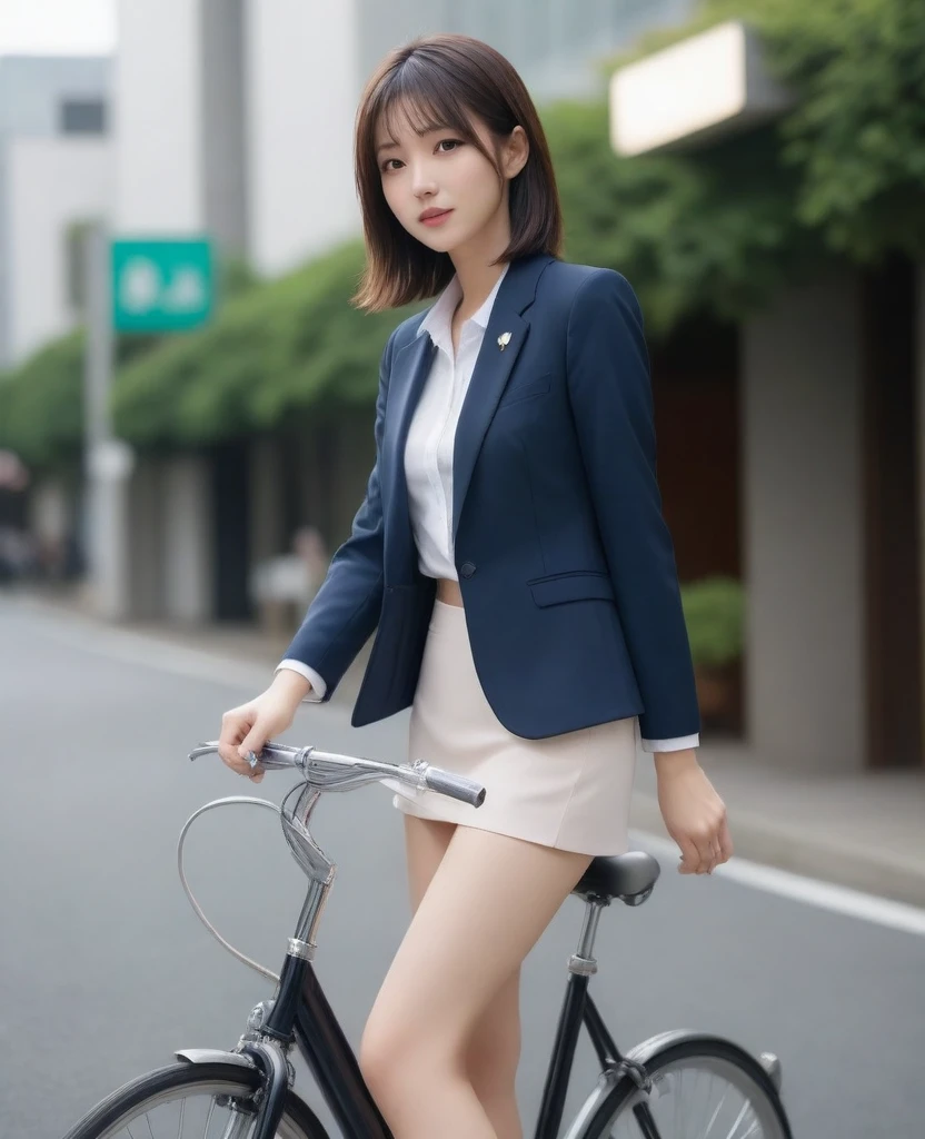 8k, photo realistic, Scores 9, 8, 7, 6, medium closeup, detailed, very sharp, vivid, solo, biking through Tokyo street, high heel, long legs, beautiful eyes, office suits, cycle basket, (((riding bicycle:1.5))), bicycle, short hair, exact front view, very low angle:1.5, going fast,  depth of field, beautiful breasts, slender,  the most beautiful woman, double eyelid, beautiful japanese woman, 25 yo, strong wind, slim beautiful legs, sexy pantie stocking, foot on pedal