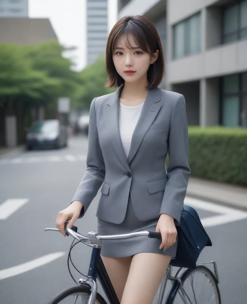 8k, photo realistic, Scores 9, 8, 7, 6, medium closeup, detailed, very sharp, vivid, solo, biking through Tokyo street, high heel, long legs, beautiful eyes, office suits, cycle basket, (((riding bicycle:1.5))), bicycle, short hair, exact front view, very low angle:1.5, going fast,  depth of field, beautiful breasts, slender,  the most beautiful woman, double eyelid, beautiful japanese woman, 25 yo, strong wind, slim beautiful legs, sexy pantie stocking, foot on pedal