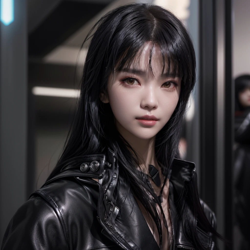 Alaf Asian woman in leather jacket poses for photo, She has black hair with bangs, seductive Tifa Lockhart portrait, Cyberpunk girl with jet black hair, Tifa Lockhart portrait, Super villain IU Lee Ji-eun, Ishida Sui with black hair, portrait of Tifa Lockhart, Tifa Lockhart, Inspired by Ma Yuanyu, Anime Girl Cosplay High nose cool